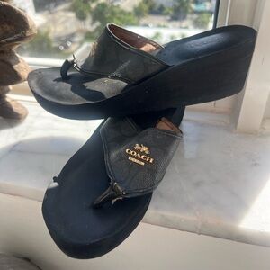 Coach Black Leather Wedge Sandals